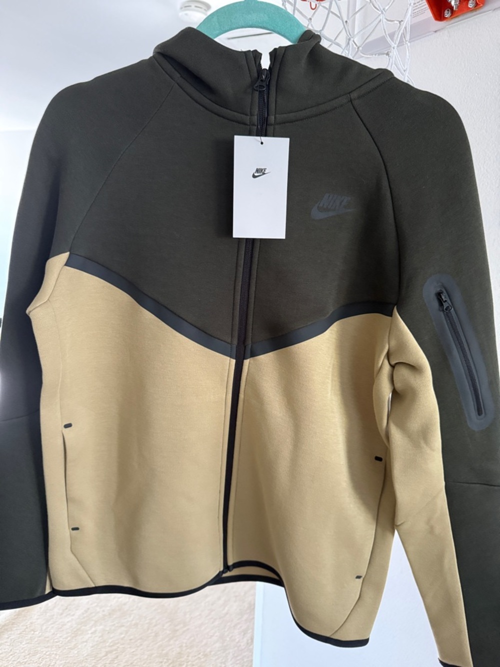 Nike Kids Two-Tone Olive Green and Khaki Zip-Up Hoodie